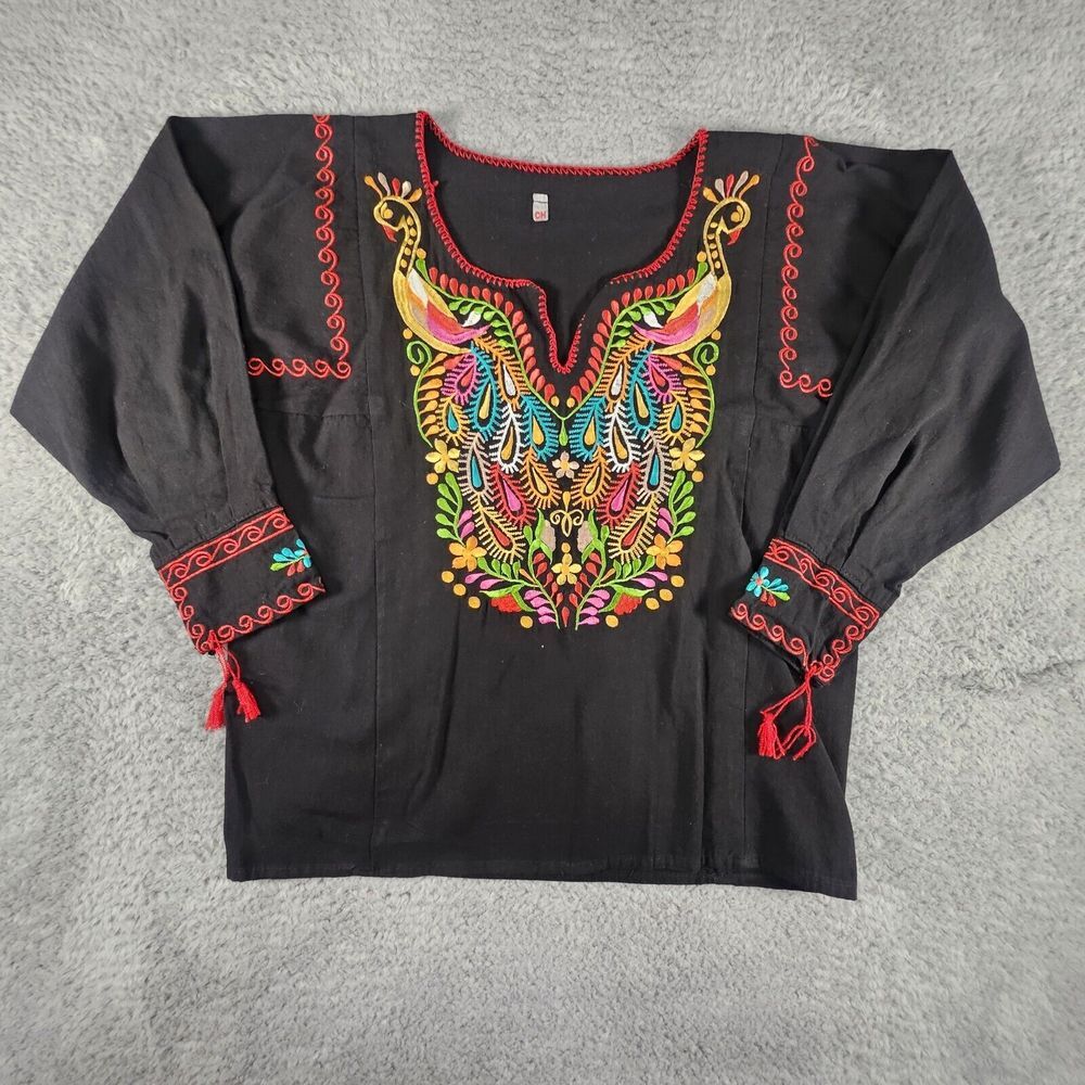 Floral Embroidered Top Womens S Black Boho Paisley Tassel L/S Hippie Y2K Preppy